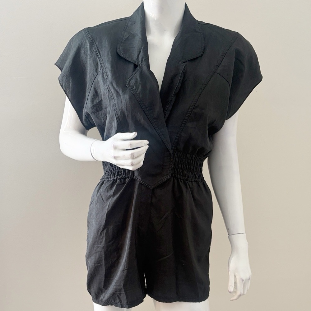 Vintage 80s 90s Joan Walters Black Jumpsuit w Shoulder Pads Elastic Waistband